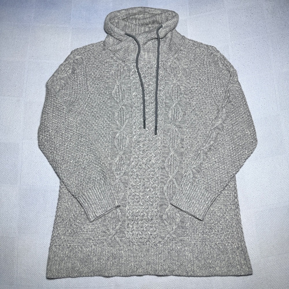 LL Bean Fishermans Sweater Womens Large Cable Knit Funnel Neck Brown Marled